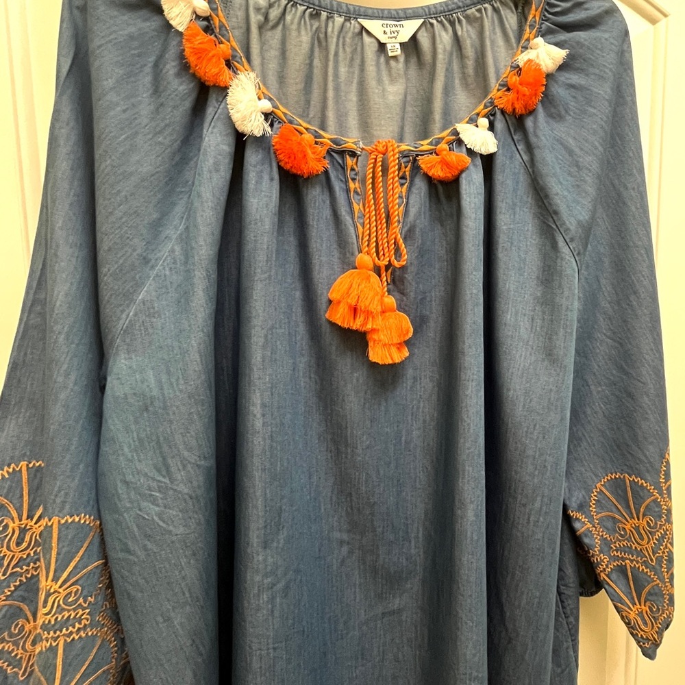 Crown & Ivy Blue Blouse with Orange Accents